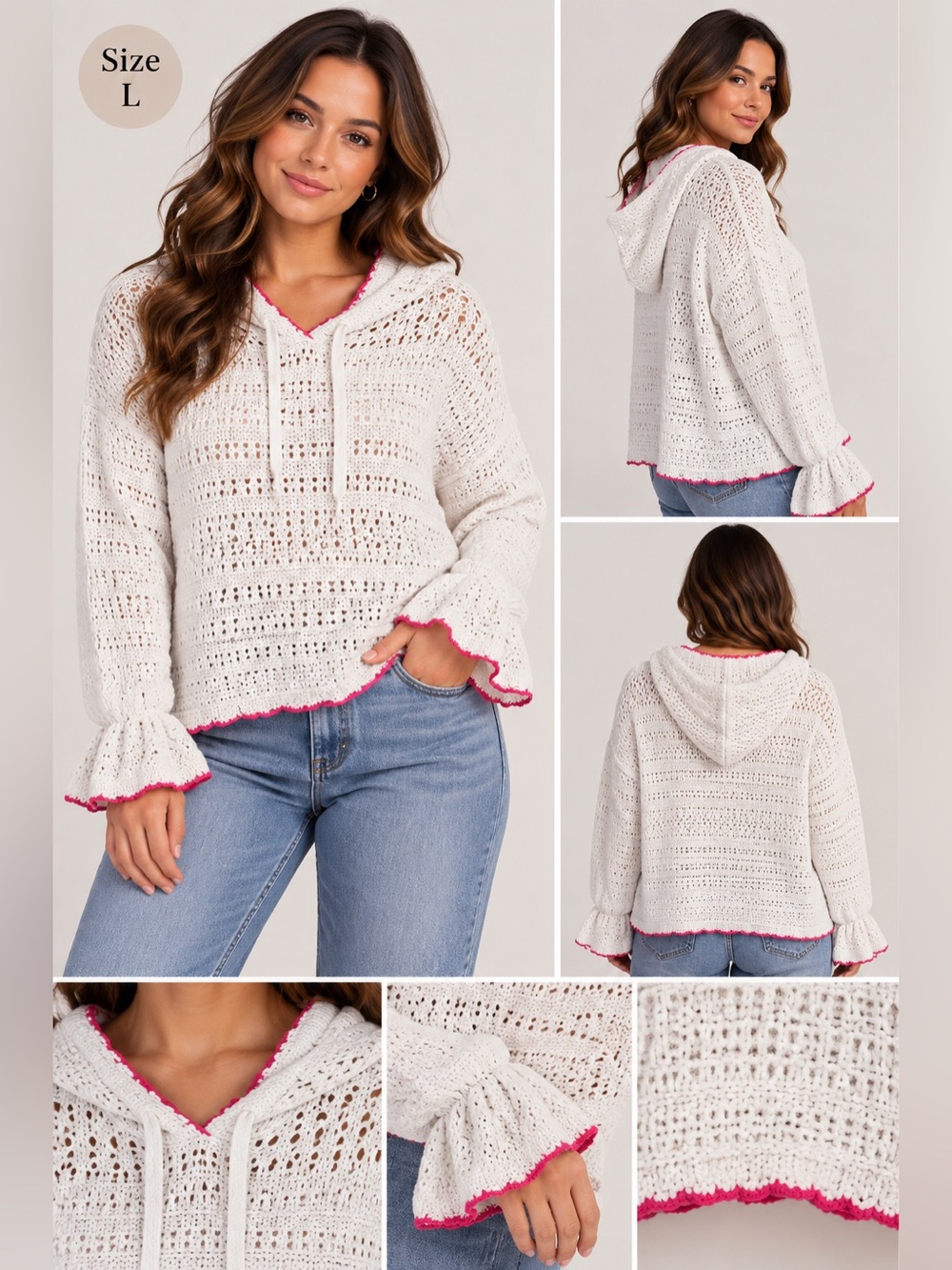 White Crochet Hooded sweater with Pink Trim - Women